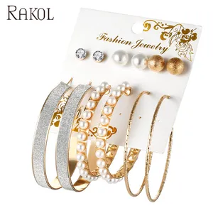 RAKOL SE021 Gold Pearl Heart Crystal Rhinestone Stud Multiple Bulk Hoop Earrings Sets for Women