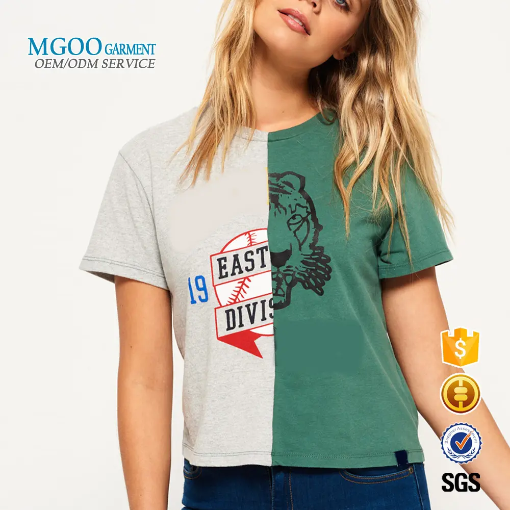 Camiseta colorida com dois tons, com diferentes logos, impressão de canto, camiseta feminina para trás, crop top personalizado, atacado
