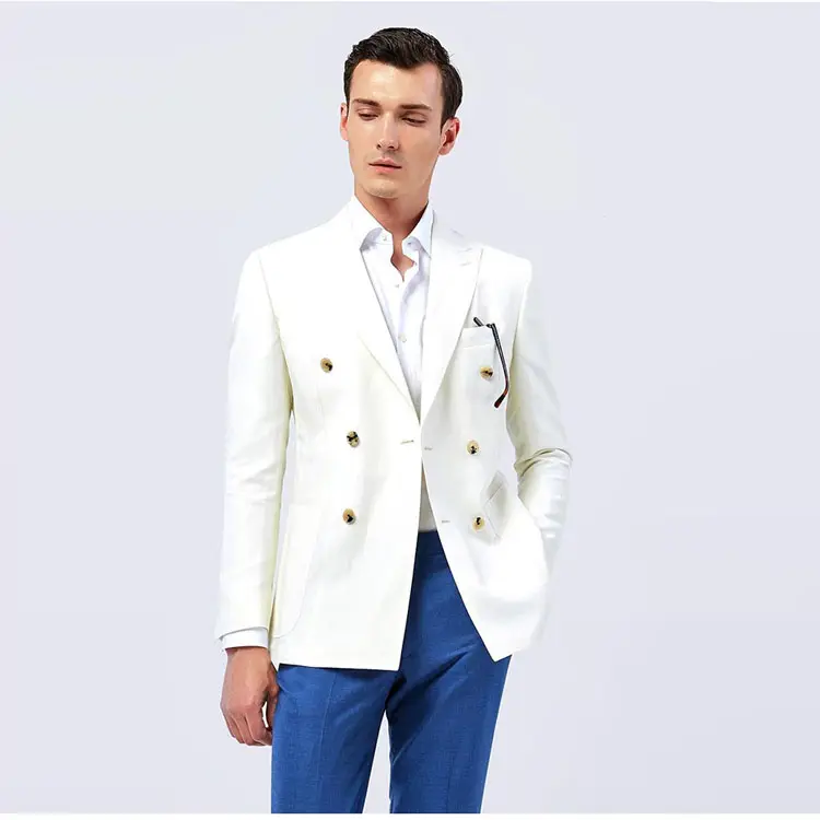 אופנה חדש עיצוב כפול שד אור קיץ בלייזר לבן פשתן חליפות טרייל לגברים