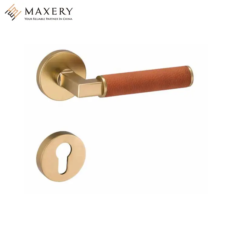 Classic Design Real Leather Brass door lever handle with rose/rosette