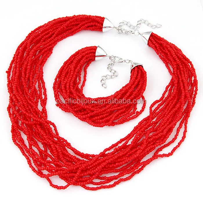 Boho big chunky perline collana di perline e bracciale set piccolo rosso branello del braccialetto della collana insieme dei monili