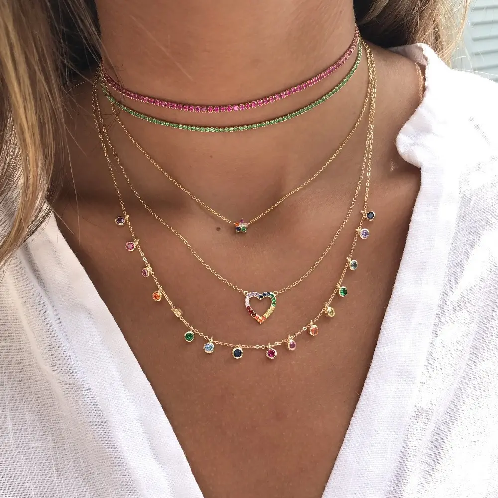 layered necklace thin small tennis cz chain choker 3 colors Gold plated fashion women jewelry