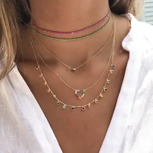 Gelaagde Ketting Dunne Kleine Tennis Cz Ketting Choker 3 Kleuren Vergulde Mode Vrouwen Sieraden