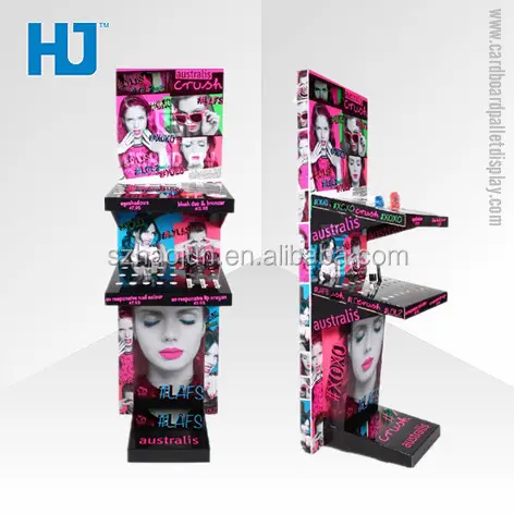Soporte de exhibición de papel mac cosmetics al por menor con impresión offset 4c, estantes de exhibición de maquillaje de paleta de cartón soporte de piso de Haojun