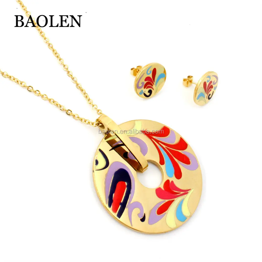 18 18k Fashion Big Red Enamel Gold Plated Jewelry Pendents Stainless Steel Necklace Set