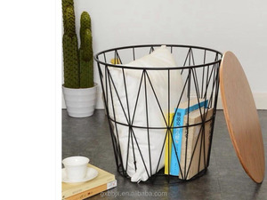 Vòng kim loại dây lưu trữ giỏ với nắp bằng gỗ Bảng đa chức năng Thiết kế giặt Giỏ đồ chơi container bẩn Giỏ quần áo - Product Image 2