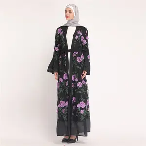 Dernière Arrivée Eid Ramadan Fille Fleur Broderie Belle 3 Pc Hijab Naqab Couleur Pure En Mousseline De Soie Femmes Ouvert Abaya