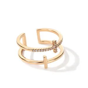 Gemnel האחרון עיצוב זהב תכשיטים מעוקב zirconia כפול צלב פשוט טבעת