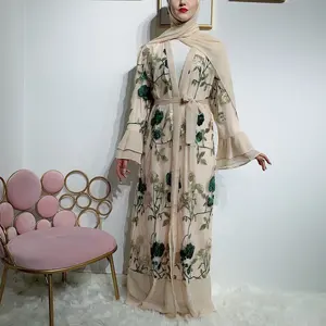 Новое поступление 2019, красивое женское платье с рукавами-колокольчиками и цветочной вышивкой Дубай, абайя