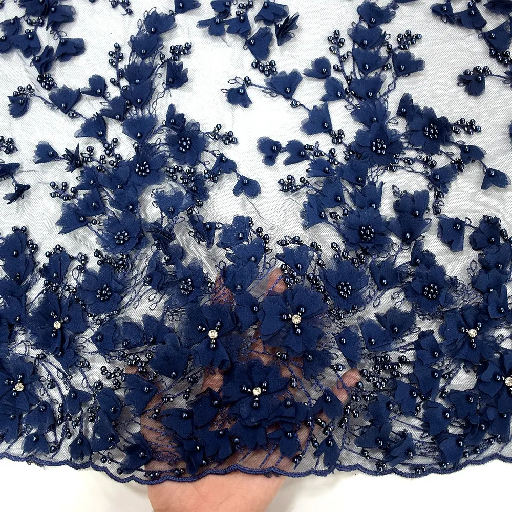 Blu Navy abito di pizzo 3d tessuto di pizzo francese di alta qualità di tulle da sposa in pizzo con perle e diamanti HY0869-1