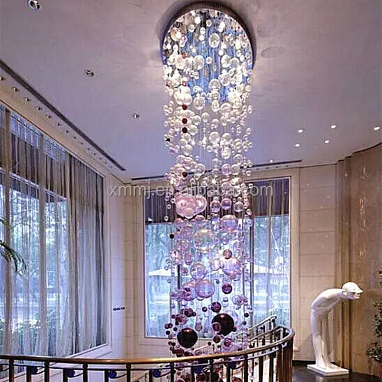 El yapımı üfleme sanat borosilikat cam kabarcık topu otel dekor tall tavan asılı villa merdiven mor üzüm avize