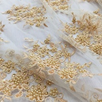Tela de Encaje de Tul con Cuentas de Perlas Bordadas en Oro Pesado, Ideal para Vestidos de Fiesta para Niñas y Accesorios de Novia