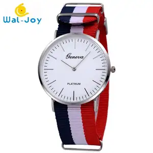 WJ-3395 China Yiwu Factory Hot Sale LOGO OEM Watch Knitted Canvas Nylon Stripe GENEVA Watches Man Promotional WristWatch