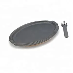 Multi Functie Pre-Gekruid Sizzling Pan/Steak Gietijzeren Pot Voor Koop, gietijzeren Sizzling Plaat Met Houten Beer