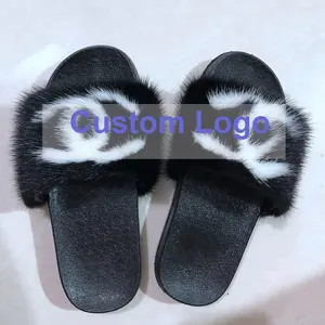 Bán buôn Biểu Tượng Tùy Chỉnh New Ladies Plush Chồn Tóc Dép Phẳng Mùa Hè Mềm Fur Slides Đầy Màu Sắc Phụ Nữ Bất Mink Fur Dép