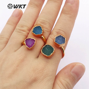 WT-R119 Adjustable Gold <strong>Stone</strong> <strong>Ring</strong>, Double Druzy Geode <strong>Ring</strong>, Druzy Jewelry Gold Plated <strong>Ring</strong> <strong>Two</strong> Stones <strong>Ring</strong> - Product Image 6
