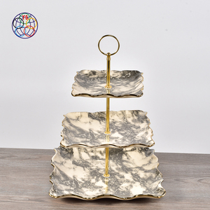 Unique 3 Tier Hotel Restaurant Used Ceramic Dessert Plate / Party Wedding Decoration Black <strong>Marble</strong> <strong>Cake</strong> <strong>Stand</strong> with Gold Rim - Product Image 1