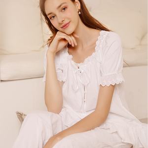 Elegante pigiama <span class=keywords><strong>da</strong></span> donna in pizzo <span class=keywords><strong>da</strong></span> <span class=keywords><strong>notte</strong></span>, <span class=keywords><strong>camicia</strong></span> <span class=keywords><strong>da</strong></span> <span class=keywords><strong>notte</strong></span> in <span class=keywords><strong>cotone</strong></span> bianco tinta unita personalizzata - Product Image 4