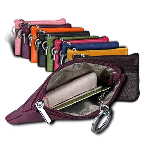 RFID Blocking Genuine Leather Coin Pouch Purse For Women Zipper Small Keychain Bag Custom logo