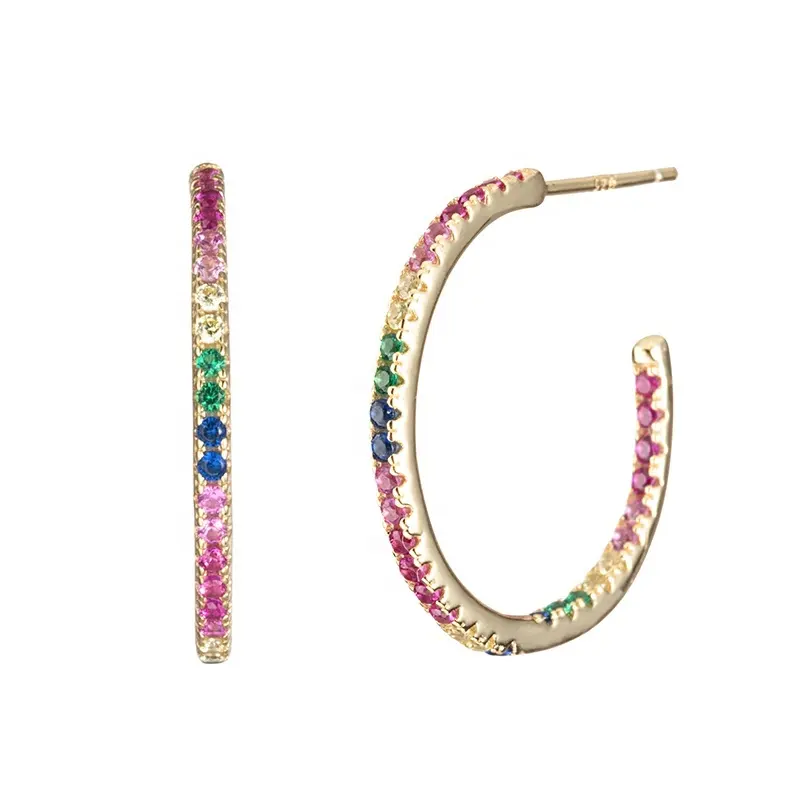 แฟชั่น Rainbow อัญมณี 18 K Gold Hoop ขนาดใหญ่ต่างหู