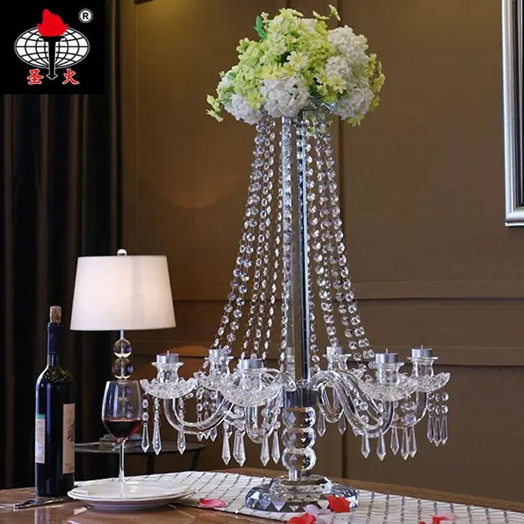 Pujiang Wholesale Hanging Crystals Crystal 6 Arms Candle Holder Flower Center Pieces Candelabra For Event Decoration SH-1514