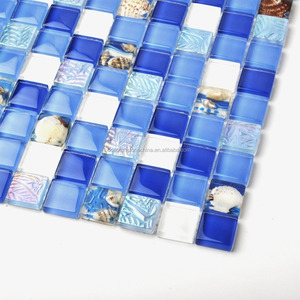 Tuiles de coquillages en verre <span class=keywords><strong>bleu</strong></span> et blanc de plage, mosaïque en résine, nacre polie pour salle de bain et <span class=keywords><strong>douche</strong></span> - Product Image 4
