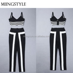 2017 oem nouveau design moulante deux pièces sexy noir <span class=keywords><strong>blanc</strong></span> bande vaste <span class=keywords><strong>pantalon</strong></span> <span class=keywords><strong>costume</strong></span> bandage <span class=keywords><strong>femme</strong></span> <span class=keywords><strong>costume</strong></span> - Product Image 2