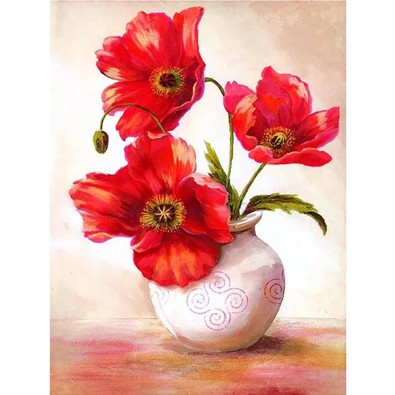 New 5d Diy Full Drill Diamond Painting Kits Red Flower with Vase European Living Room Decoration Diamond Painting