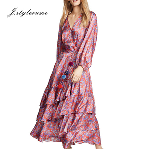 Vestido <span class=keywords><strong>Boho</strong></span> de Seda con Estampado Floral, Cuello en V, Manga Farol, Cinturón, Elegante y Sexy para Mujer, YLDR062D - Product Image 4