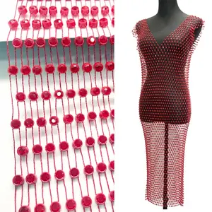 New factory supply SS20 Red color rhinestone stretch mesh fabric rhinestone fabric mesh for DIY sexy dress