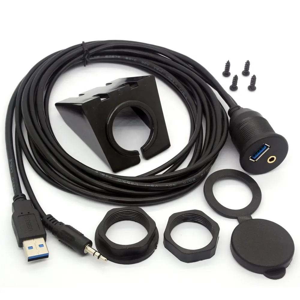 Panneau de moto de bateau de voiture à montage encastré USB 3.0 3.5mm câble stéréo AUX avec boucle