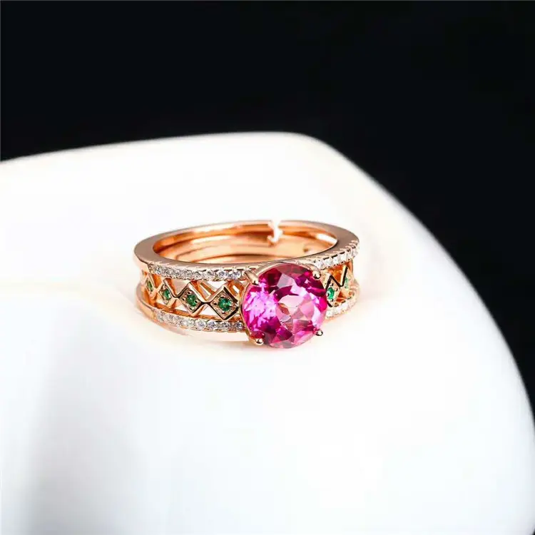 SGARIT Cincin Modis Baru Perhiasan Lapis Emas 925 Perak Murni 7MM Cincin Topaz Merah Muda Perhiasan Batu Permata Alami
