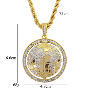 Nuova Collana con <span class=keywords><strong>Ciondolo</strong></span> Mappa del <span class=keywords><strong>Mondo</strong></span> in Cristallo Personalizzata, Gioielli Hip-Hop Dorati 2018 - Product Image 2