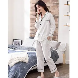 Quiki White Striped Pajamas Sets Women Casual Cotton Long Sleeve Sleepwear Suit Spring Homewear Loungeパンツ