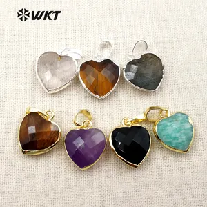 WT-P1306 Real Natural Black Agate Tigers Eye Pendant Heart Faceted Pendant With Real Gold Electroplated Gemstone Pendant