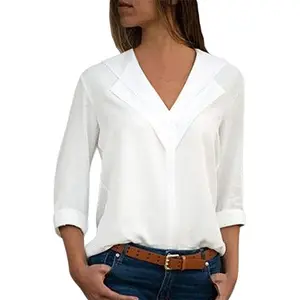 Double V-neck Woman Solid Office Shirt Long Sleeve Chiffon White Lace Blouse