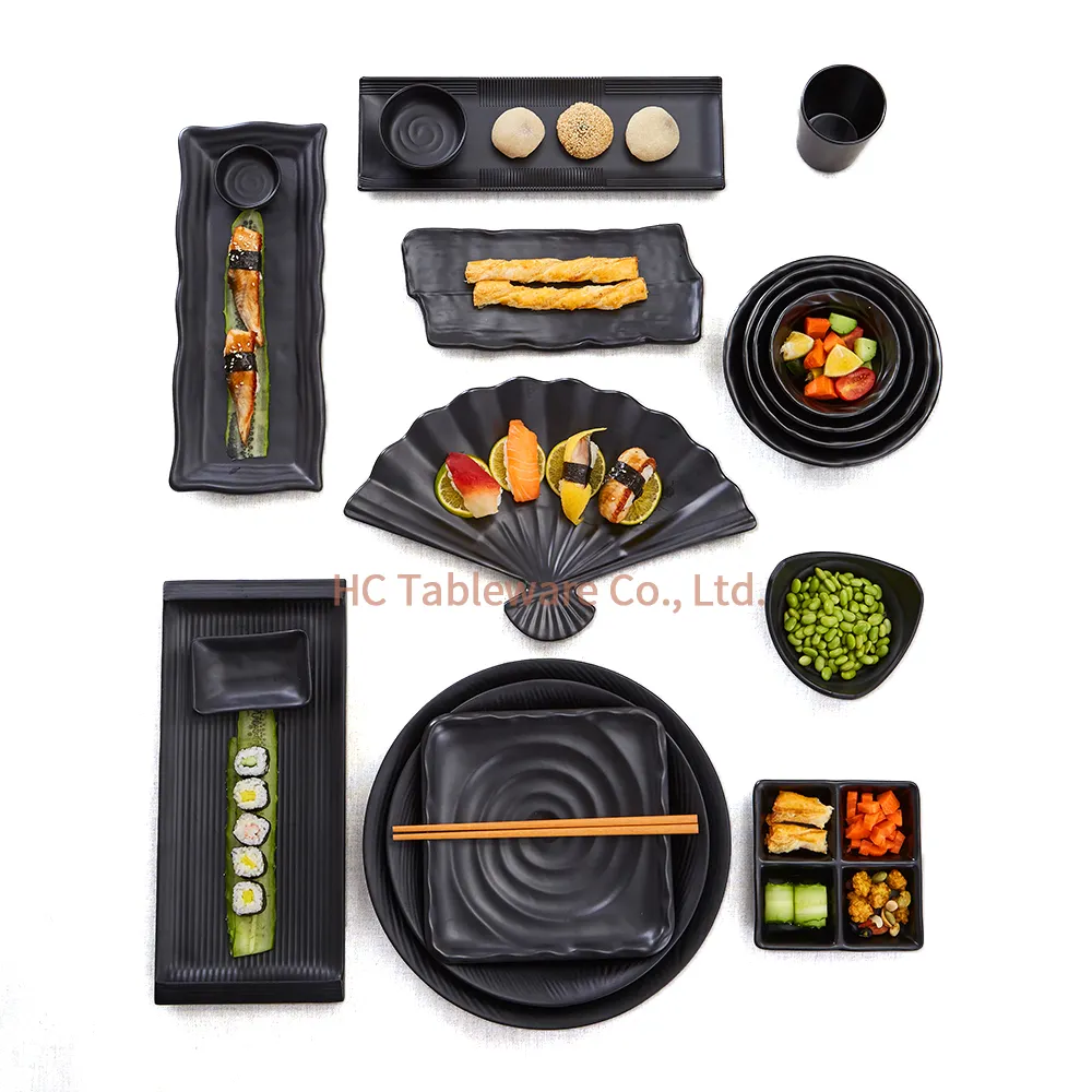 Cerámica color Japón sushi de la placa de la cena 100% melamina vajilla juegos cuadrado negro de placa de plástico