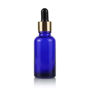 30ml Cobalt blue din 18 dropper cap essential oil glass bottles with metallic golden droppers