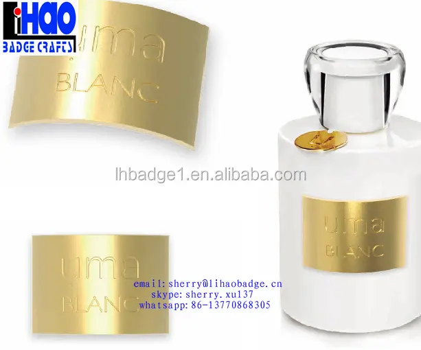 Etiqueta de perfume da garrafa do metal da gravura do logotipo da cor dourada, etiqueta, emblema, garrafa do vinho da liga de zinco