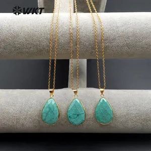 WT-N1085 WKT wholesale new fashion natural green stone 24k real gold wrapped on edge teardrop turquoise pendant necklace
