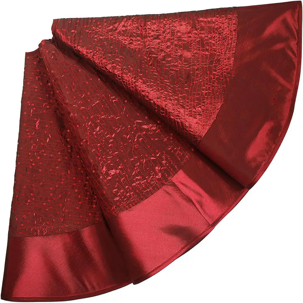 50'' Burgundy faux silk Christmas Tree Skirt with Sequin Sparkle Blingbling