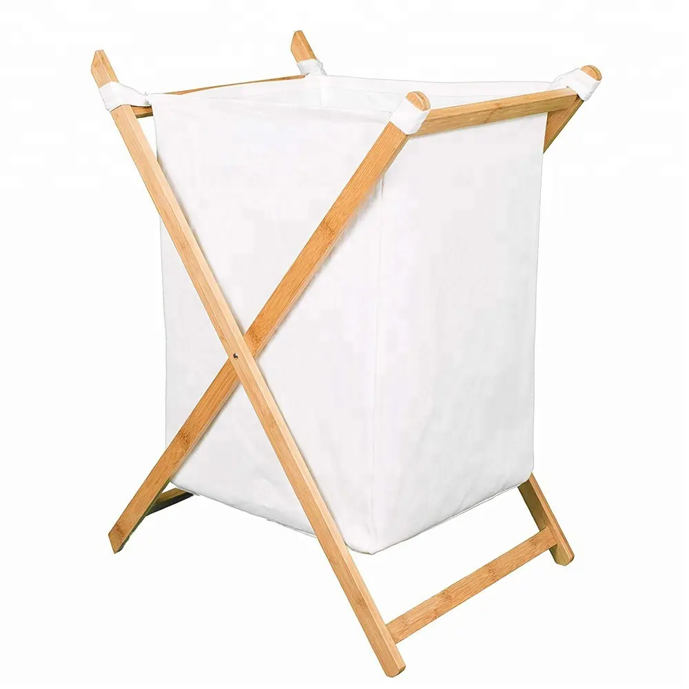 Fashion Clothes Folding Hamper Laundry Basket with Wheels Bamboo Collapsible Fabric Foldable