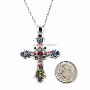 Pretty Pembe, mor, Aqua Mavi, yeşil Renkli Kristal 1-1/2 "Gençler ve Kadınlar için Dini Çapraz Kolye Kolye - Product Image 2