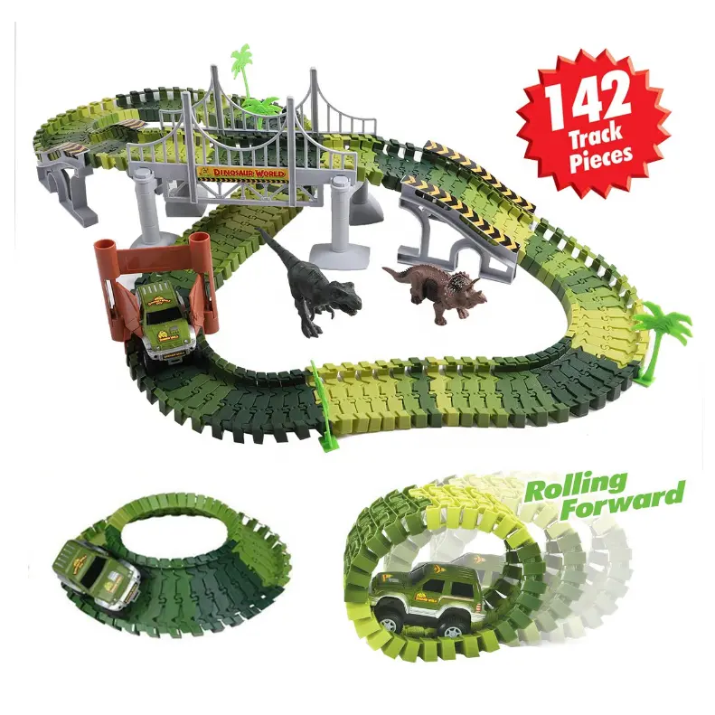 Hot Sale Online anpassbare Dinosaurier Auto Spielzeug 142 Stück Dinosaurier World Railcar Spielzeug Road Race Car Slot Tracks Spielzeug