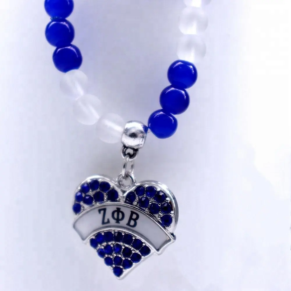 Elegant White Blue Beaded String Sorority Necklace With Blue Crystal Hearts Zeta Phi Beta Pendant ZPHIB ZPB Jewelry