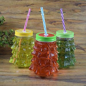 500ml <strong>Christmas</strong> <strong>Tree</strong> Shape Wide Mouth Glass Mason <strong>Jar</strong> with Lid and Straws - Product Image 1
