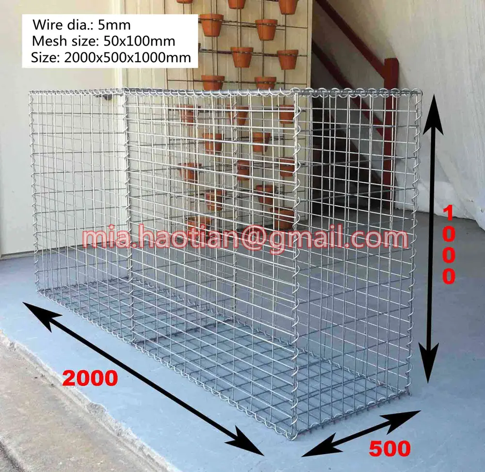 2000x500x1000mm boyutu için kaynaklı gabion taş duvar sıcak daldırma galvanizli dekoratif gabion sepeti kafesleri