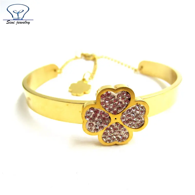 Hot Designs 4 Leaf Clover 14K Gold Plated Bracelet Stainless Steel Lucky Flower Cuff Bangles For Women