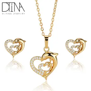 DTINA ES-0305 Cute Animal Heart Pendant Dolphin Design Earrings Necklace Set