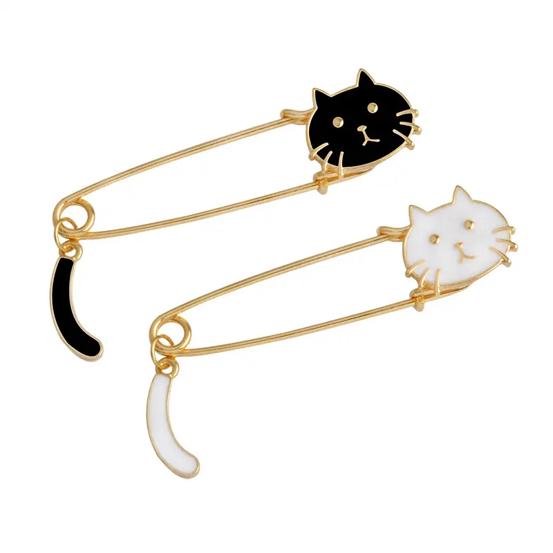 Cartoon Black White Cat Kitten Face Tail Metal Brooch Pins DIY Sweater Pin Badge Gift Jewelry